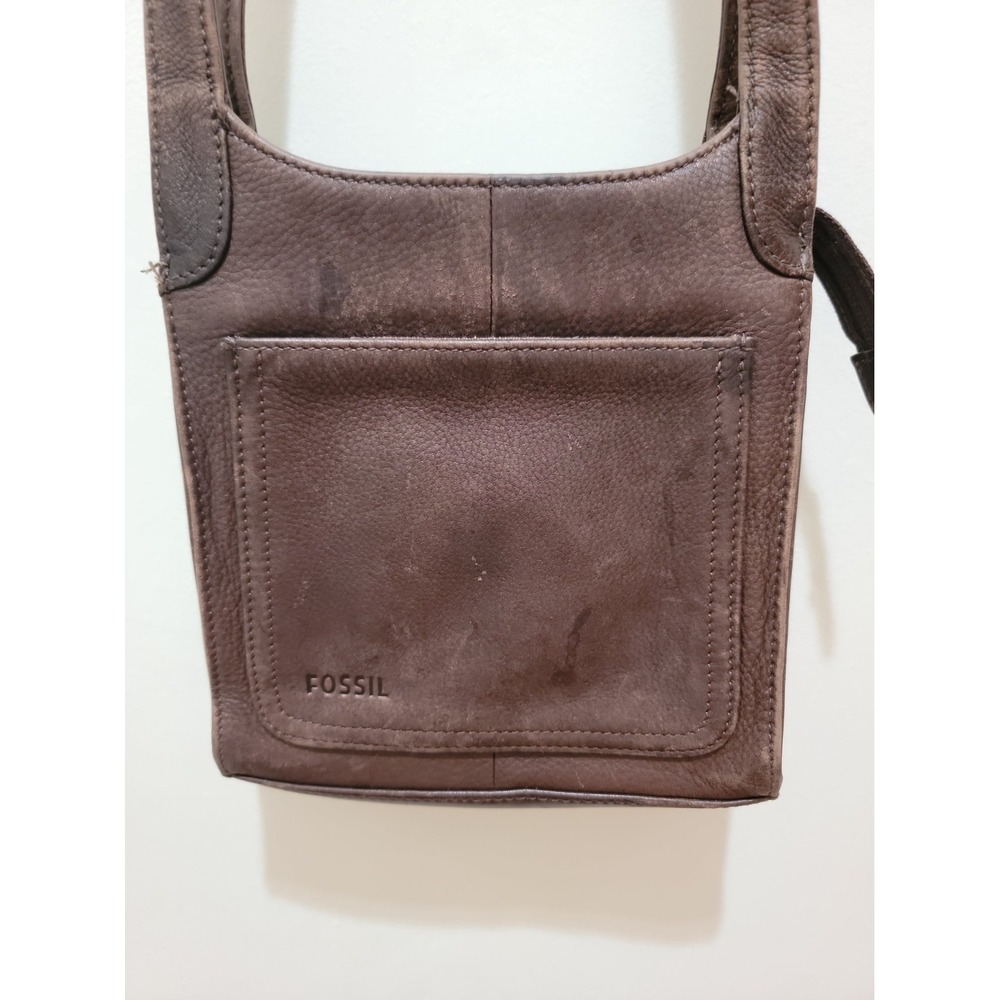 Brown Leather Fossil Mini Crossbody/Shoulder Bag Vintage Zip Top 8"×7"